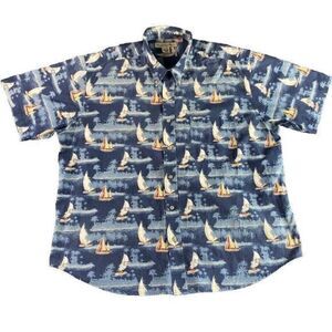 Munsingwear Nautical Themed Blue Short Sleeve Button Down Shirt Men XL Boats